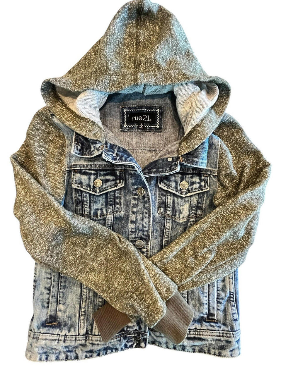 Denim Jean Knit Hoodie Jacket Youth Sz Small knit olive green blue jean Rue21
